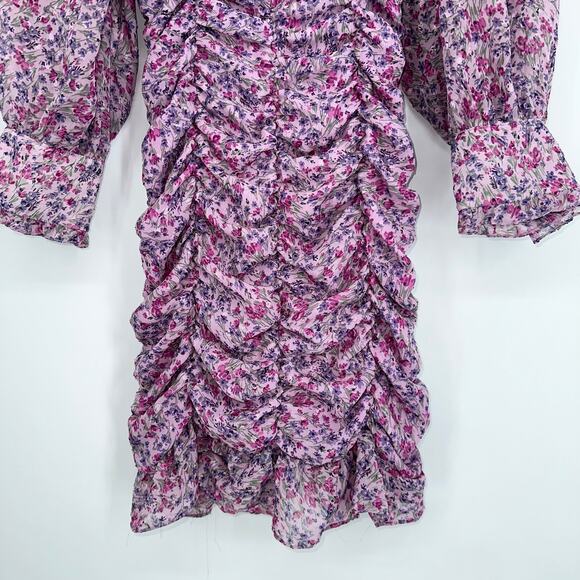 ZARA Floral Print Draped Long Sleeve Ruffle Mini Dress Bloggers Fav Pink/ Purple - Picture 7 of 12